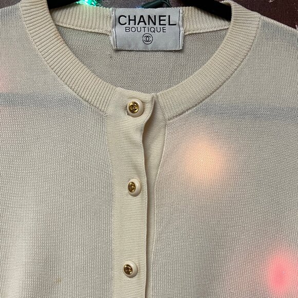 Chanel Jackets & Blazers - Vintage CHANEL Boutique Cream Knit Cardigan with Gold CC Logo Buttons